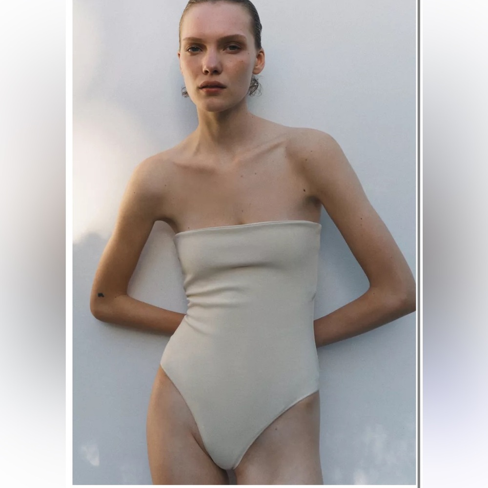 Zara Oyster-White Stretch Bandeau Bodysuit
